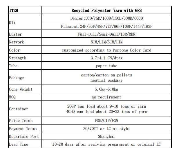 100% Recycled Polyester Yarn of DTY SD RW 100d/144f for Home Textile with Grs Certification