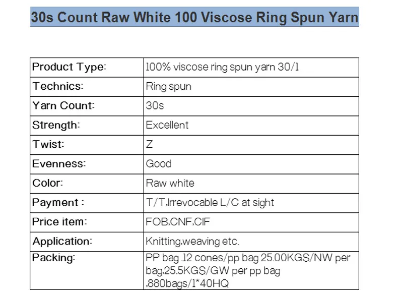 100% Viscose/Rayon Yarn Ring Spun RW Knitting Weaving Yarn