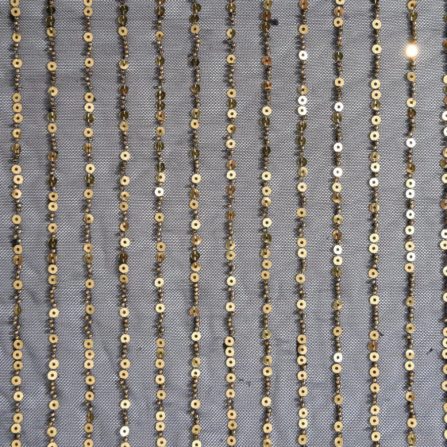 Black/Gold Stripe Sequins Beaded Mesh Fabric