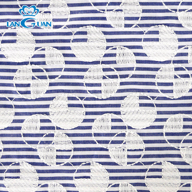 Geometric Circle Blue and White Stripes Cotton Embroidery Lace Fabric
