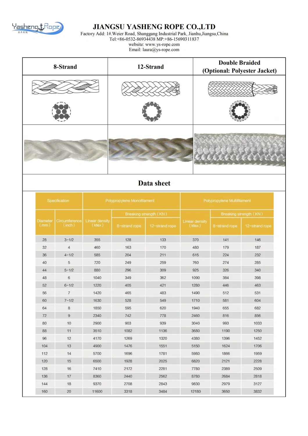 Yasheng 8/12 Strand Mooring Rope for Marine, Vessels, Berthing with Certificates
